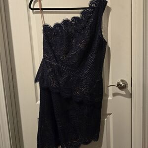 BCBGMaxAzria One-Shoulder Navy Lace Dress